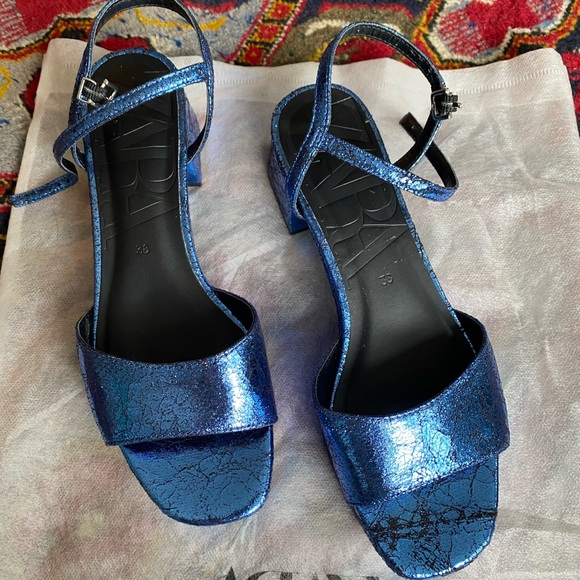 Blue Metallic Zara Platform Block Heel Sandal Size 38 - Picture 2 of 6